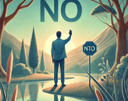 DALL·E 2025-02-05 15.38.23 - An image symbolizing the concept of 'the skill of saying no' and its role in maintaining peace and stress management. The scene should feature a calm,