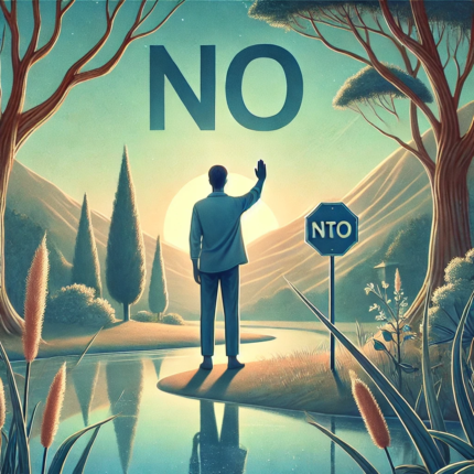 DALL·E 2025-02-05 15.38.23 - An image symbolizing the concept of 'the skill of saying no' and its role in maintaining peace and stress management. The scene should feature a calm,