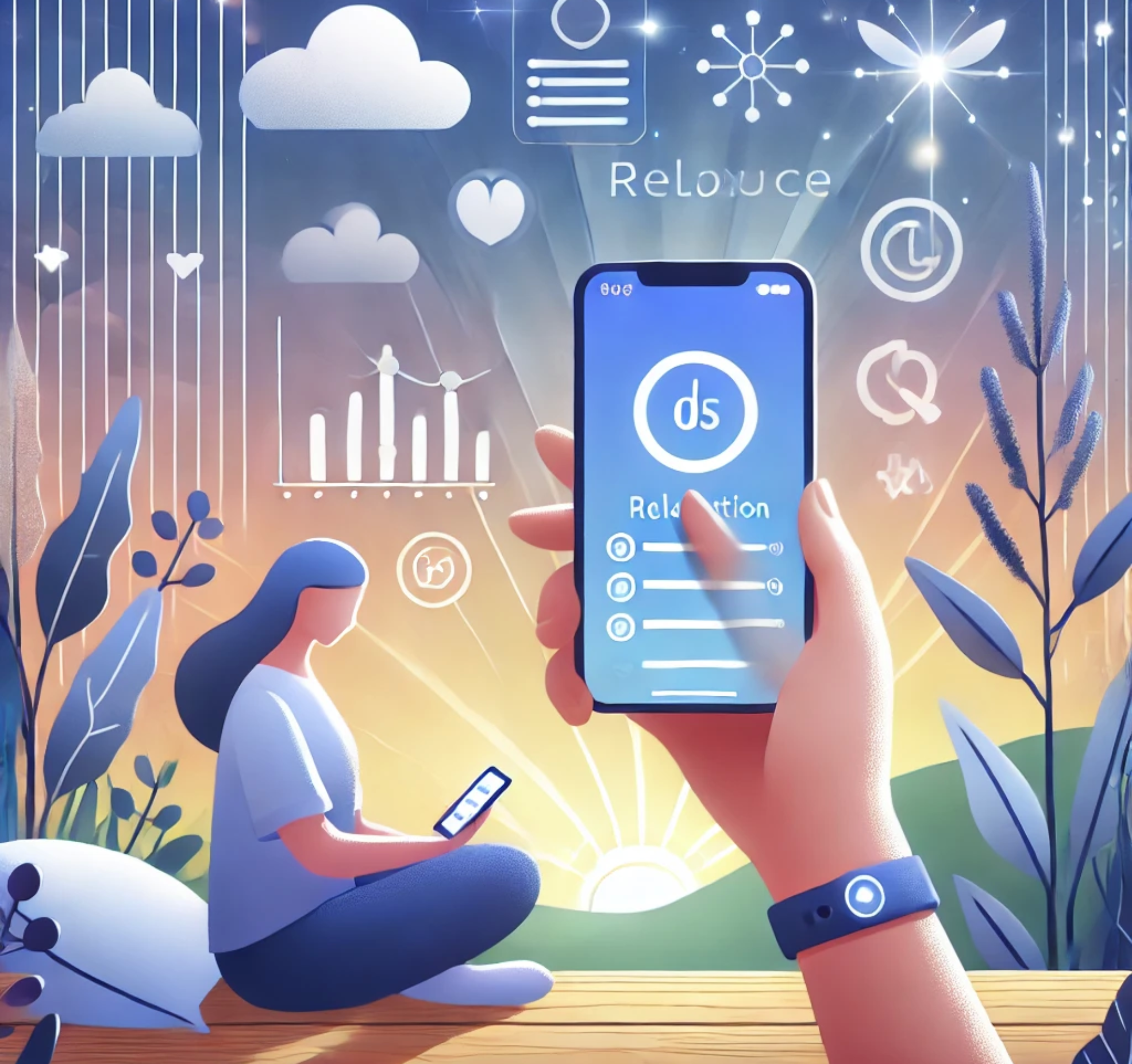 DALL·E 2025-02-05 16.00.47 - An image illustrating how technology can help reduce stress and anxiety. The scene should show a person using a calming app or device, such as a smart